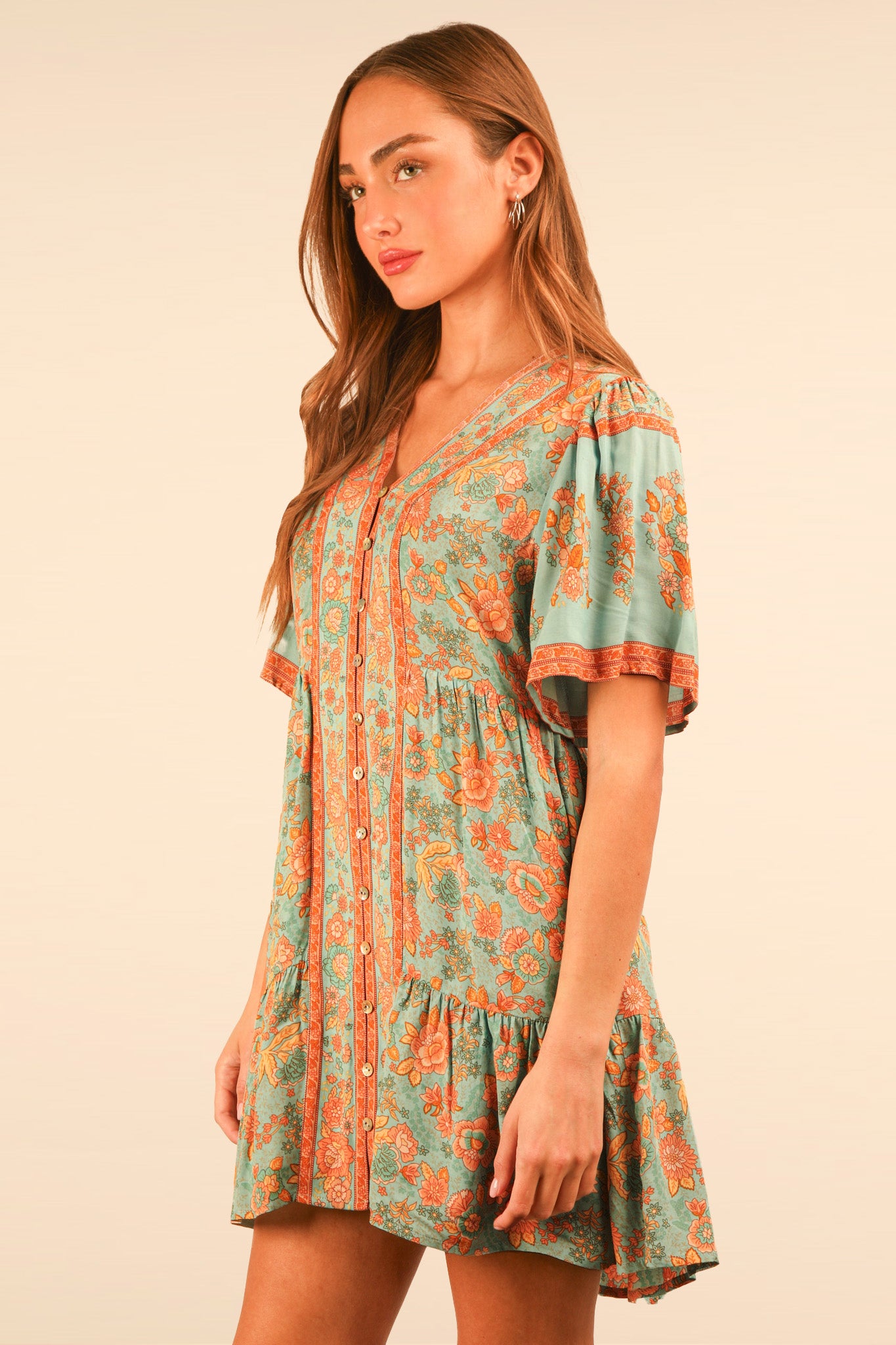 Printed V Neck Button Down Mini Dress