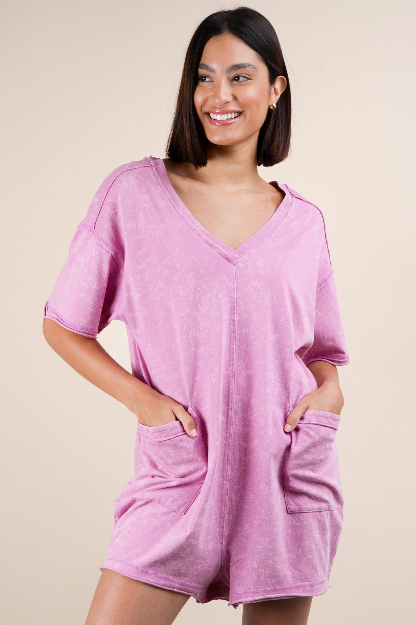 Mineral Washed Oversized Casual Knit Romper