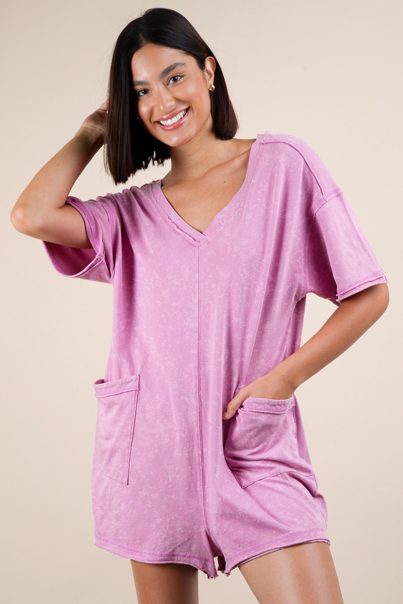 Mineral Washed Oversized Casual Knit Romper