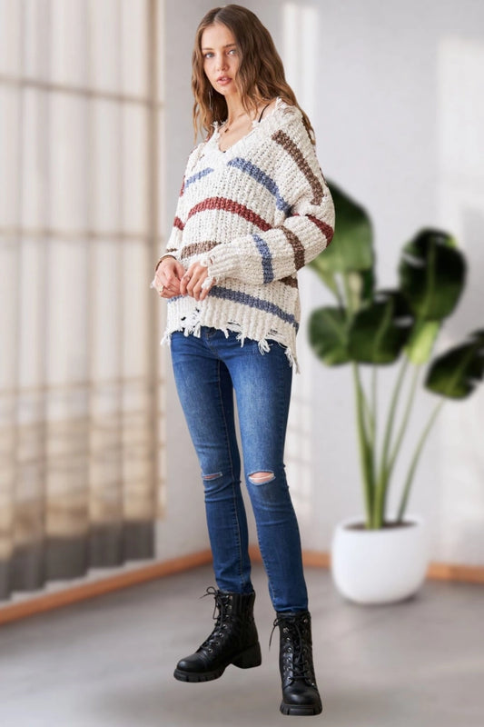 Multi Color Stripe Torn Sweater