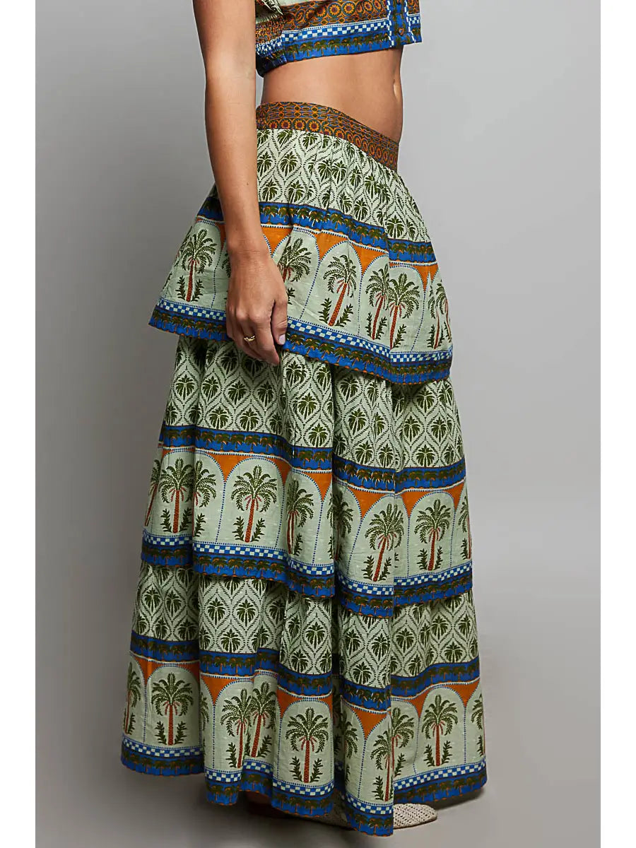 Palm Border Geometric Print Tiered Maxi Skirt