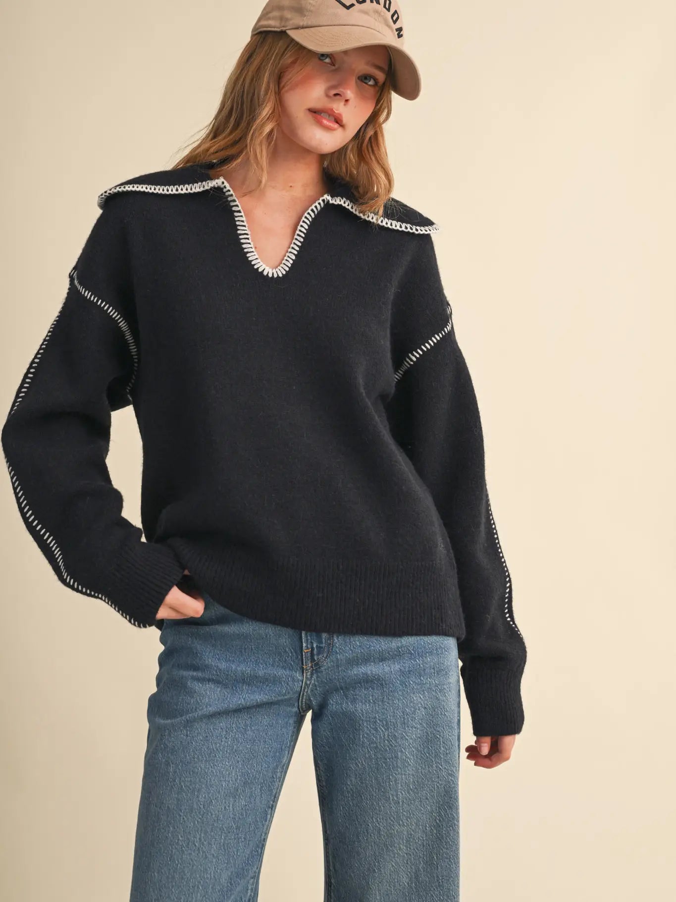 Contrast Blanket Stitch Collared Sweater