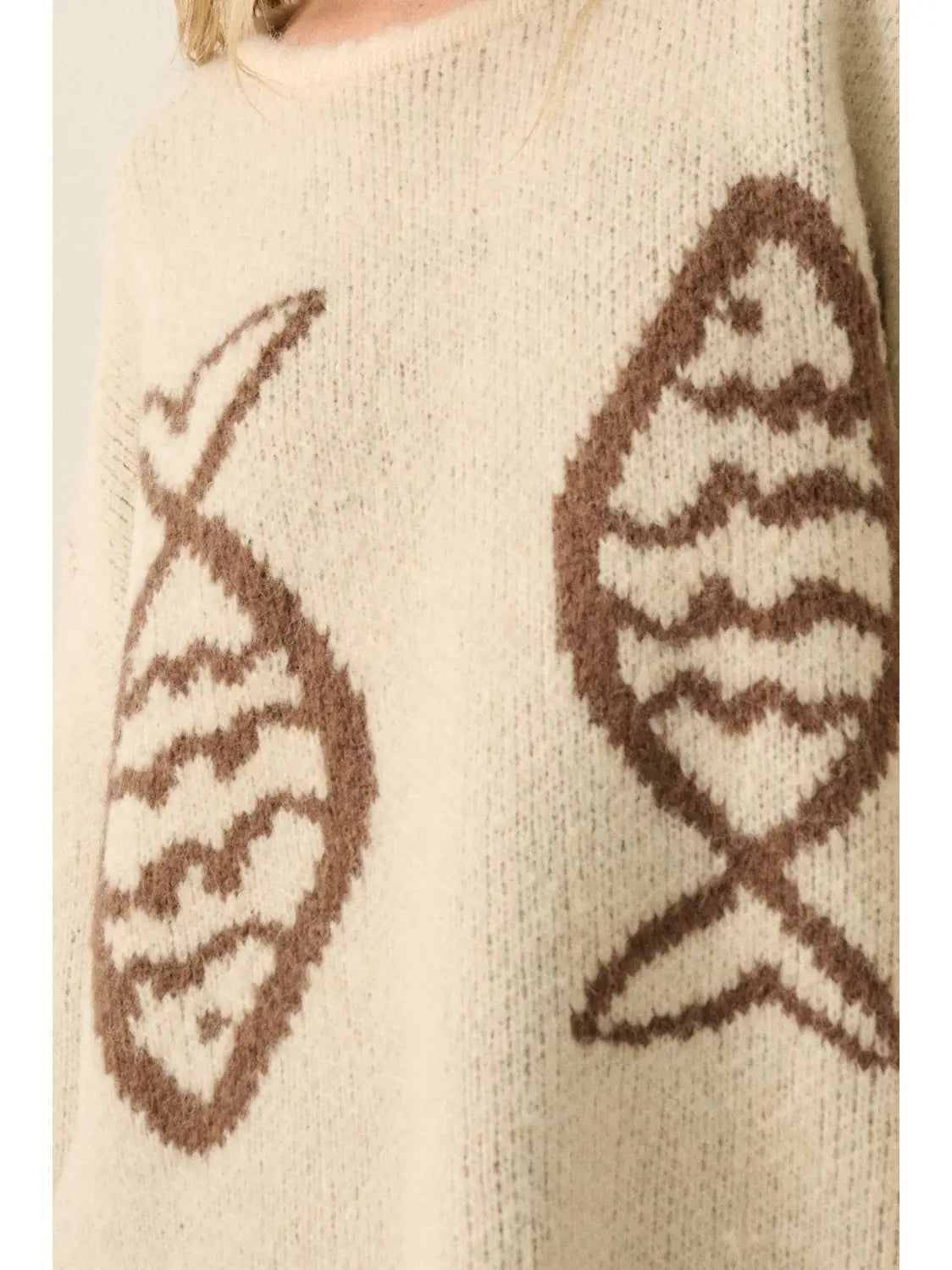 Fish Jacquard-Knit Drop-Shoulder Rolled-Edge Sweater