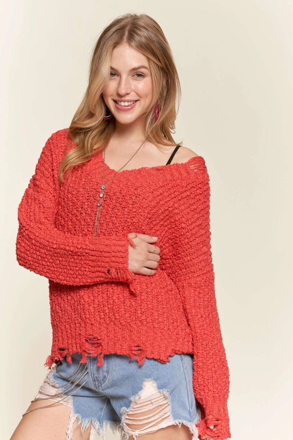 Distressed Boat Neck Knit Sweater