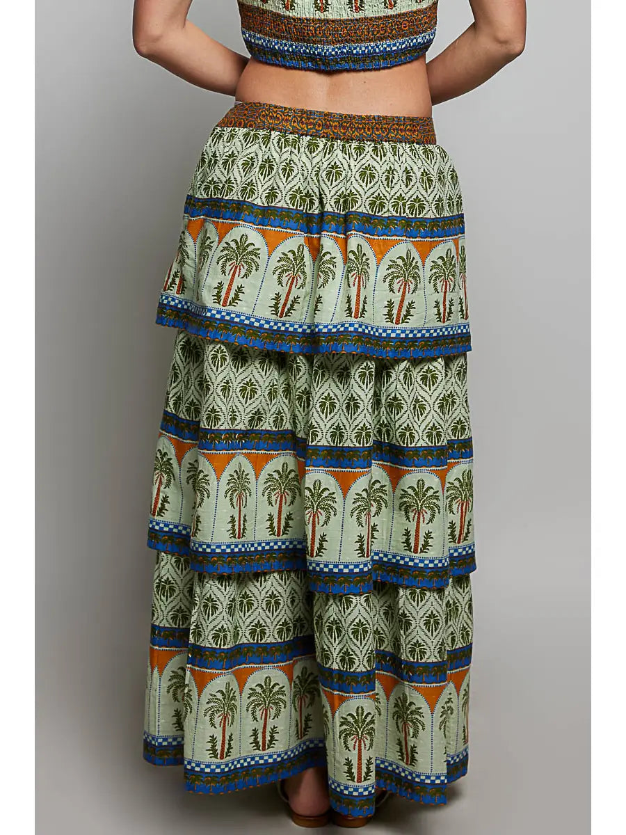 Palm Border Geometric Print Tiered Maxi Skirt