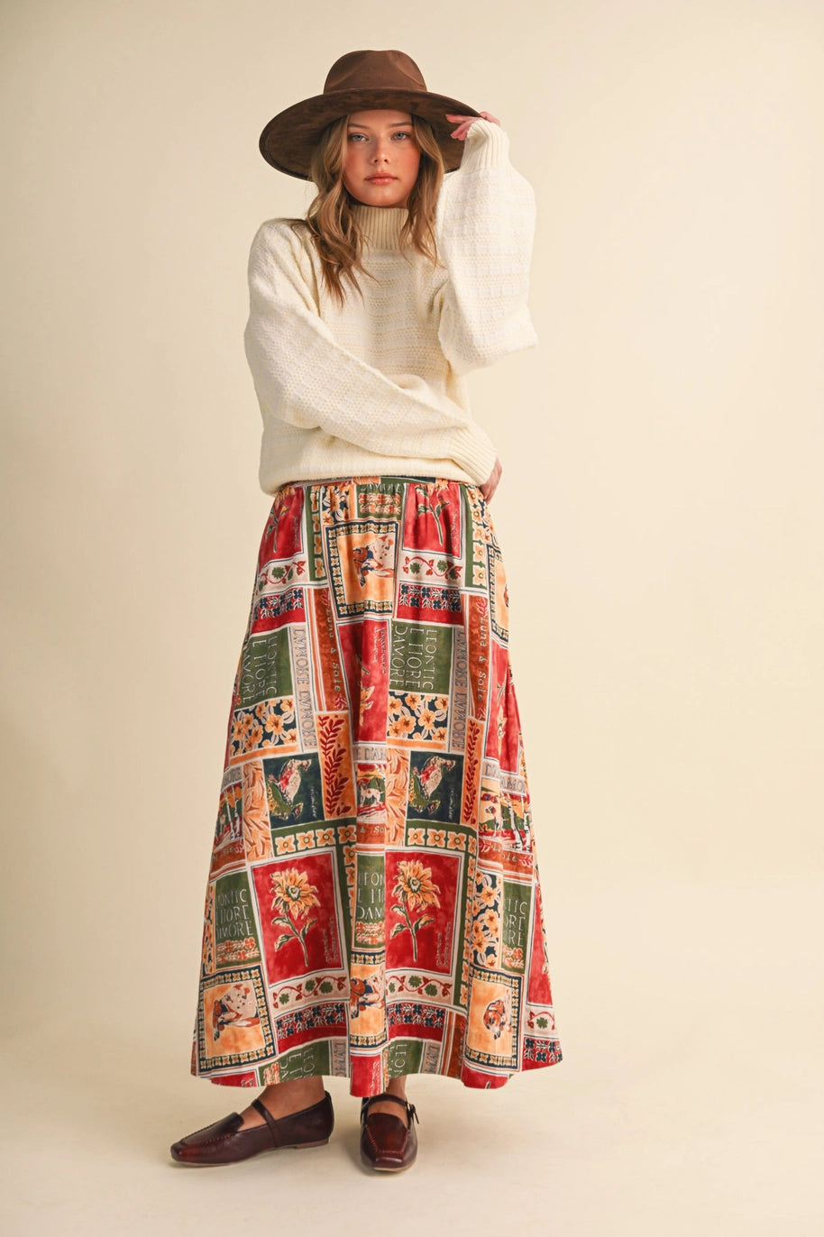 Exclusive Patch Print A-Line Midi Skirt