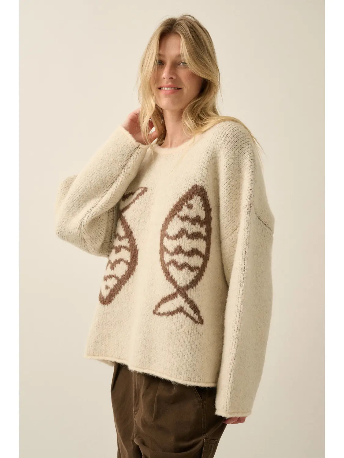 Fish Jacquard-Knit Drop-Shoulder Rolled-Edge Sweater