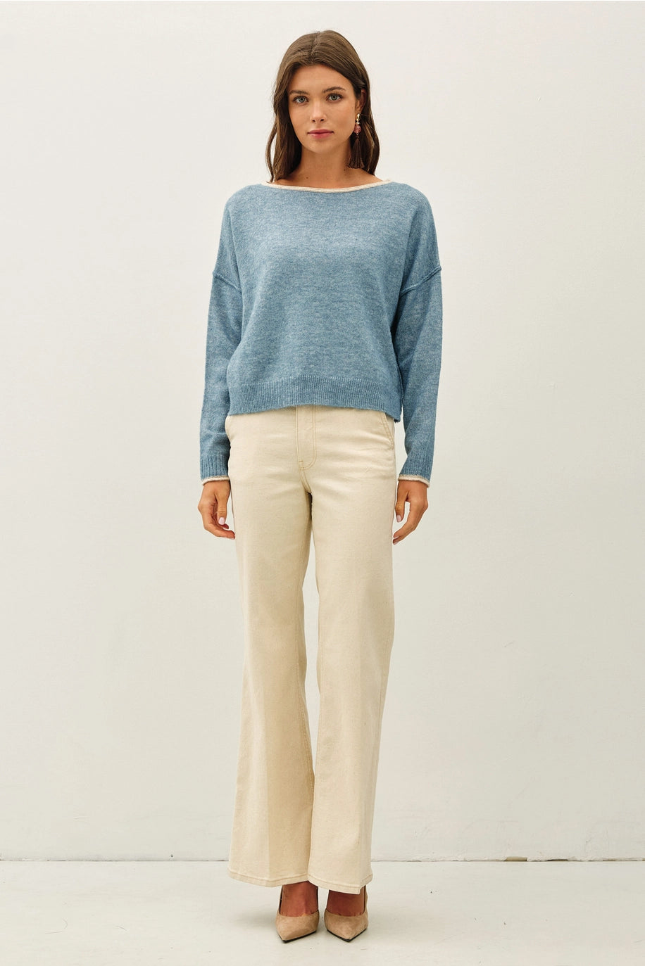 Contrast Layered-Look Boat Neck Cropped Sweater