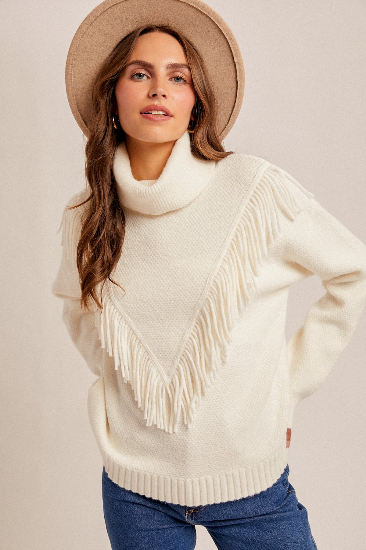 Fringe Detailed Mock Neck Sweater