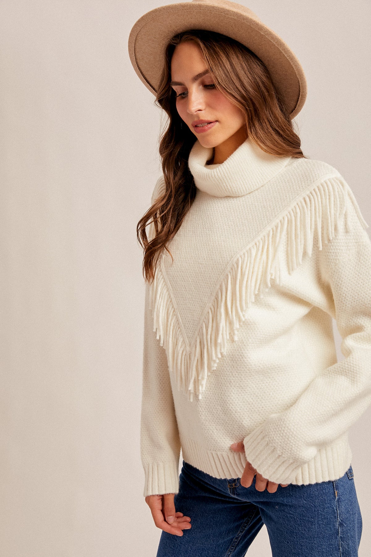 Fringe Detailed Mock Neck Sweater