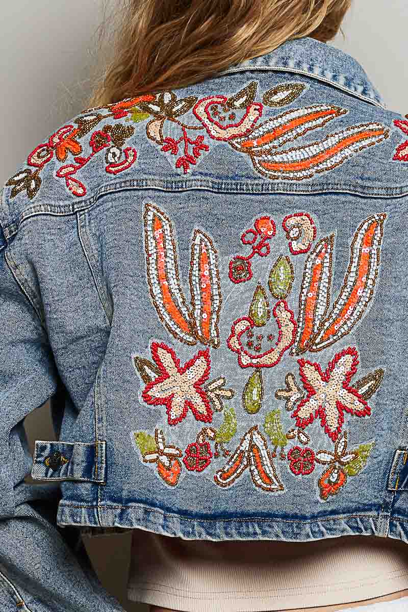 Beaded Embroidered Waist Tab Denim Jacket