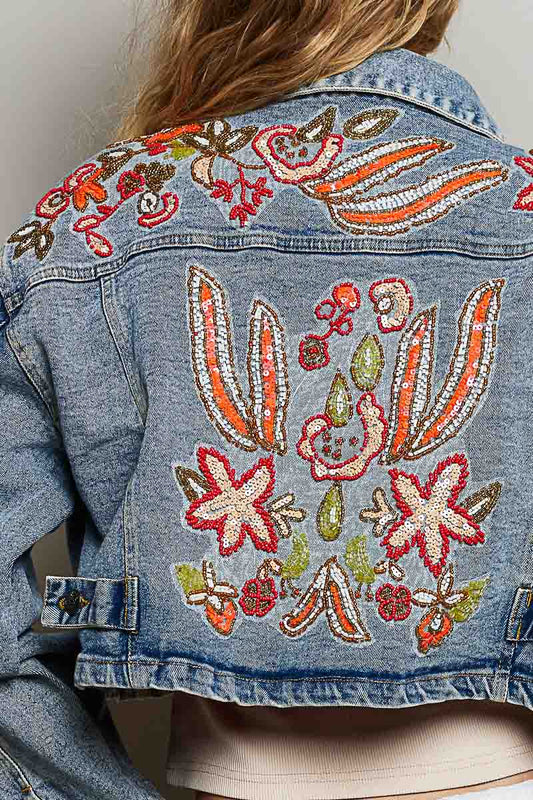Beaded Embroidered Waist Tab Denim Jacket