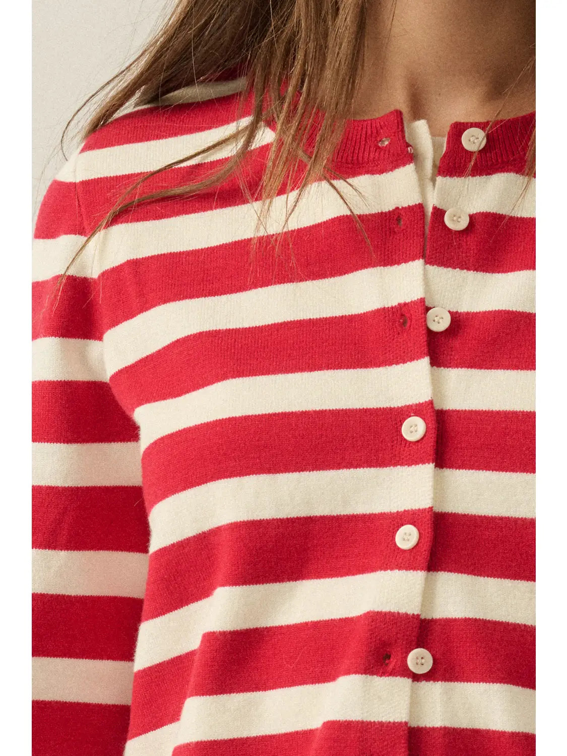 Striped Knit Round-Neck Button-Front Layered Cardigan
