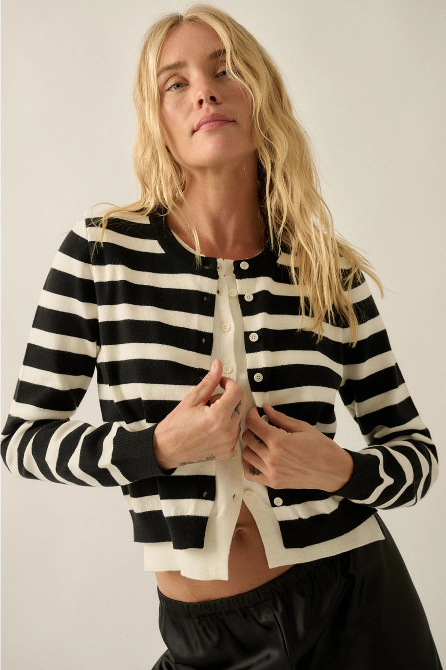 Striped Knit Round-Neck Button-Front Layered Cardigan