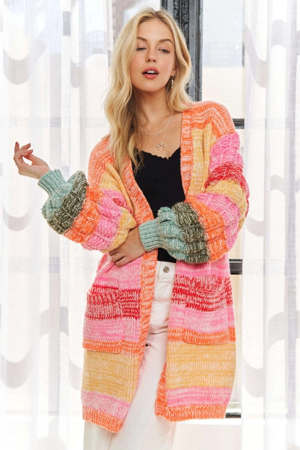Long Puff Sleeve Multi Color Stripe Sweater Cardigan