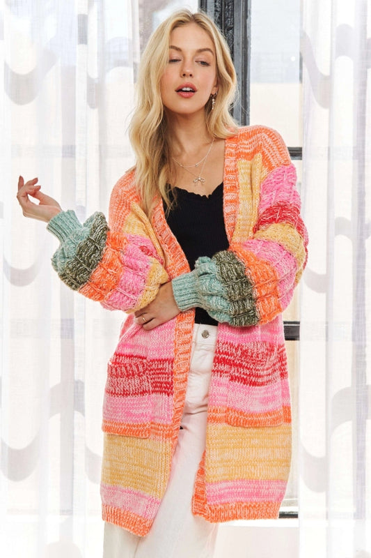 Long Puff Sleeve Multi Color Stripe Sweater Cardigan