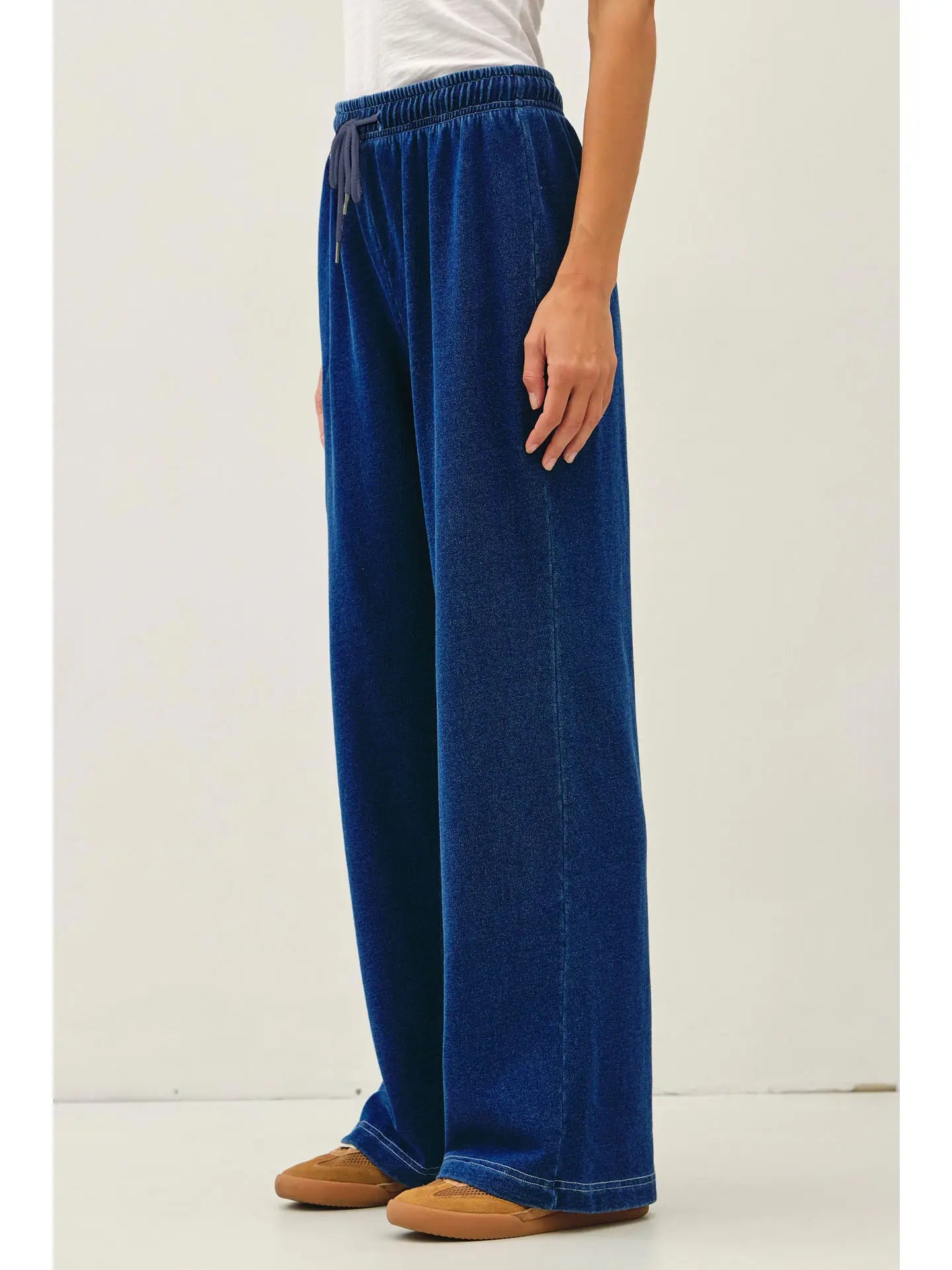 Cotton Terry Knit Denim Wide Leg Pull On Pants