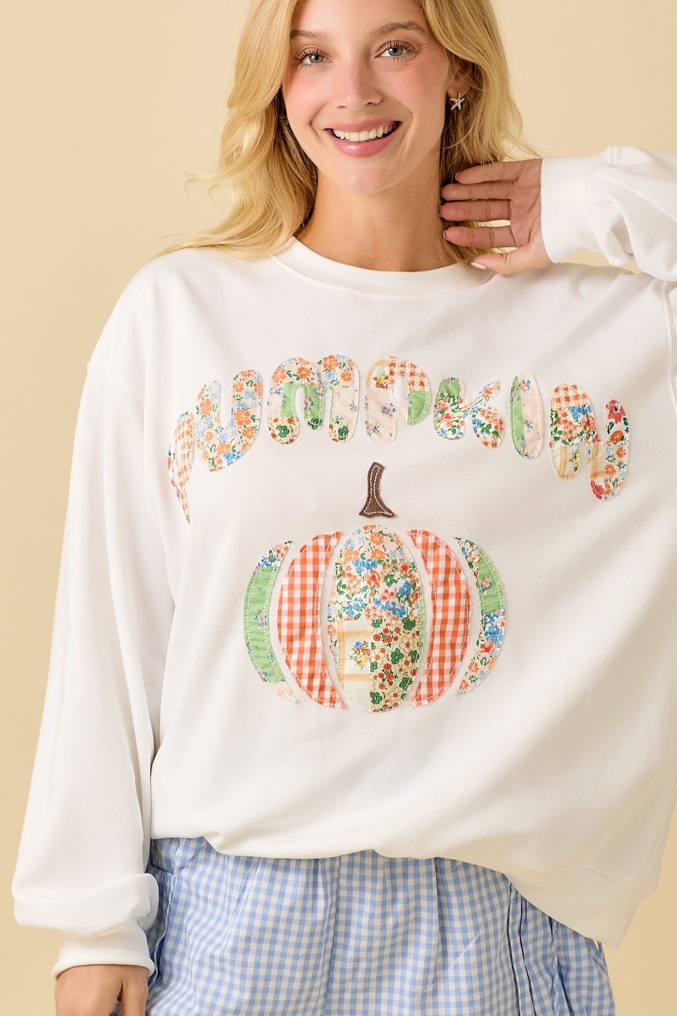 Pumpkin Patchwork Long Sleeve Crewneck Sweater