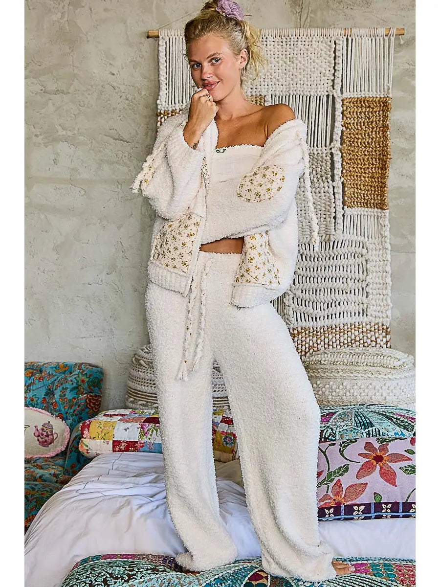 Floral Printed Cozy Berber Sweater Hoodie Zip-Up Jacket