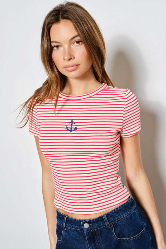 Pamela Striped Anchor Beaded Tee