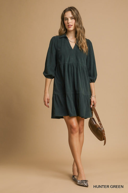Tiered Corduroy Mini Dress with Balloon Sleeves