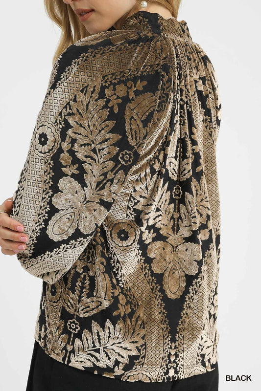 Damask Print Velvet Split Neck Top