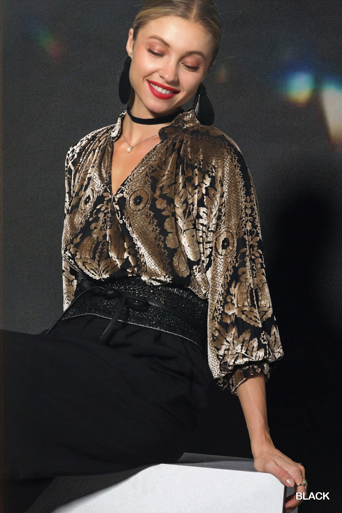 Damask Print Velvet Split Neck Top