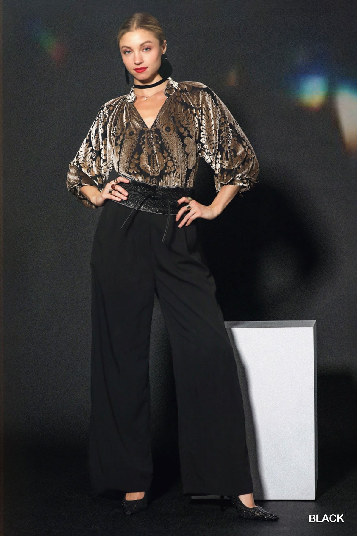 Damask Print Velvet Split Neck Top