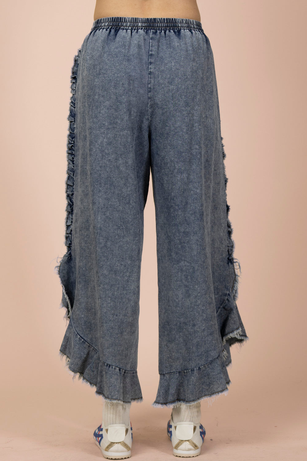 Ruffle Frayed Hem Washed Chambray Pants