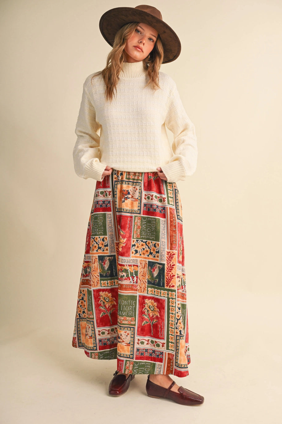Exclusive Patch Print A-Line Midi Skirt