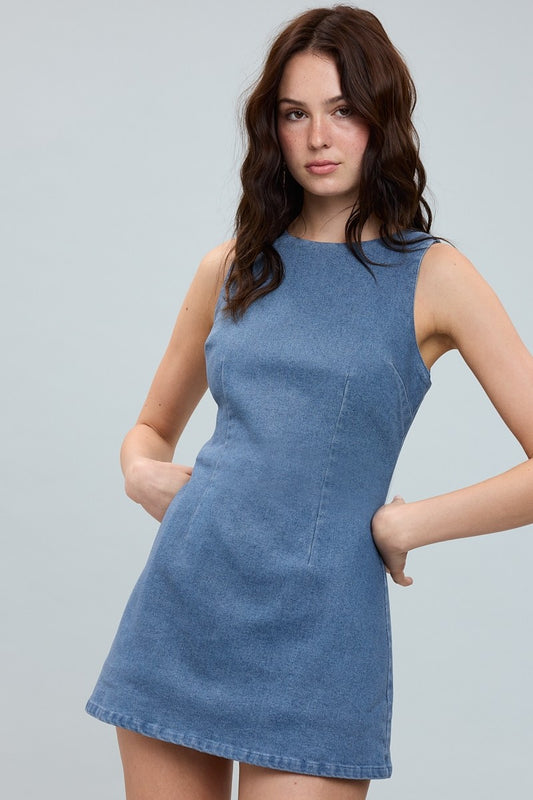 Casual Denim Boat Neck Inside Shorts Mini Dress