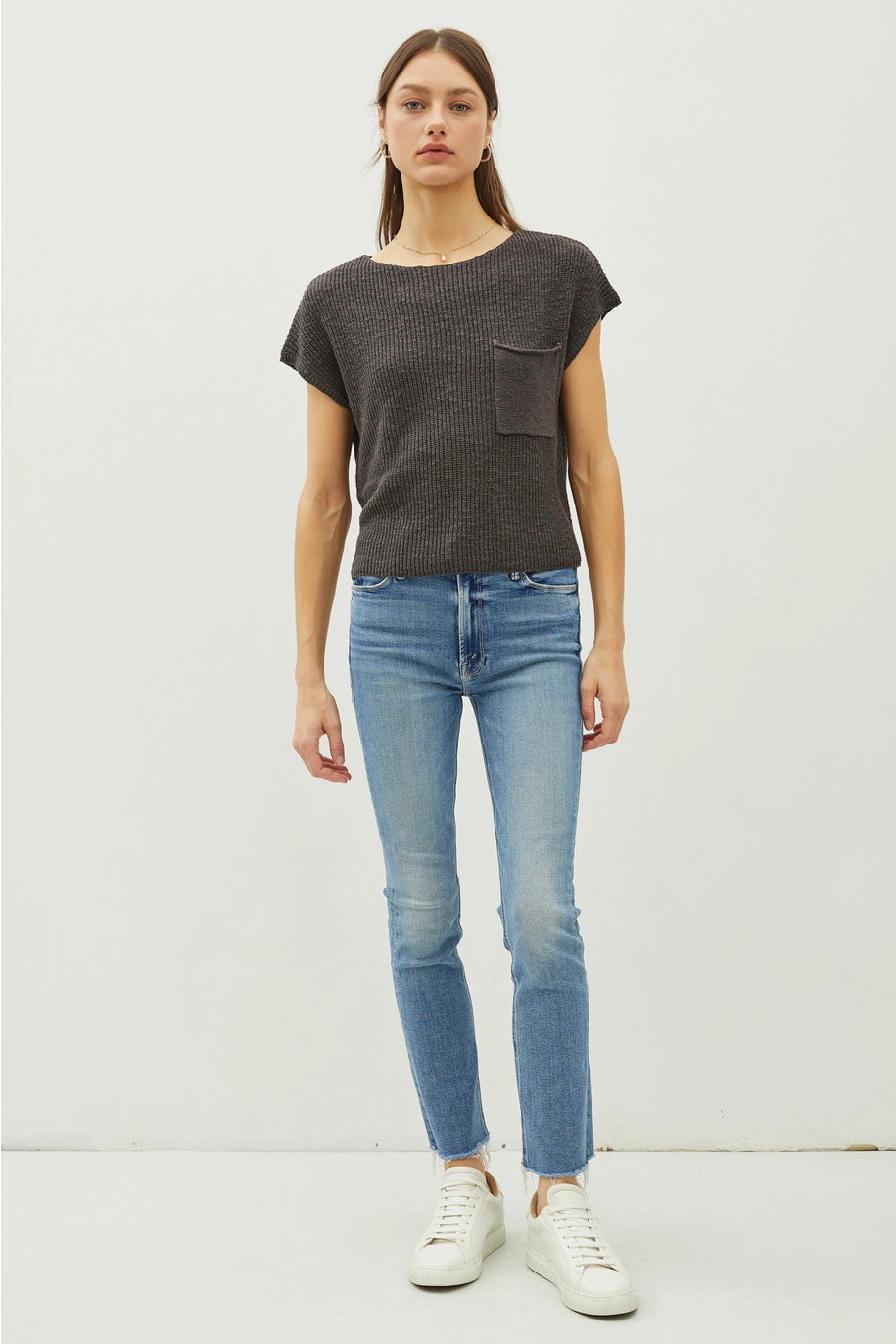 Boat Neck Dolman Cap Sleeve Boxy Knit Sweater Top with Patch Pocket