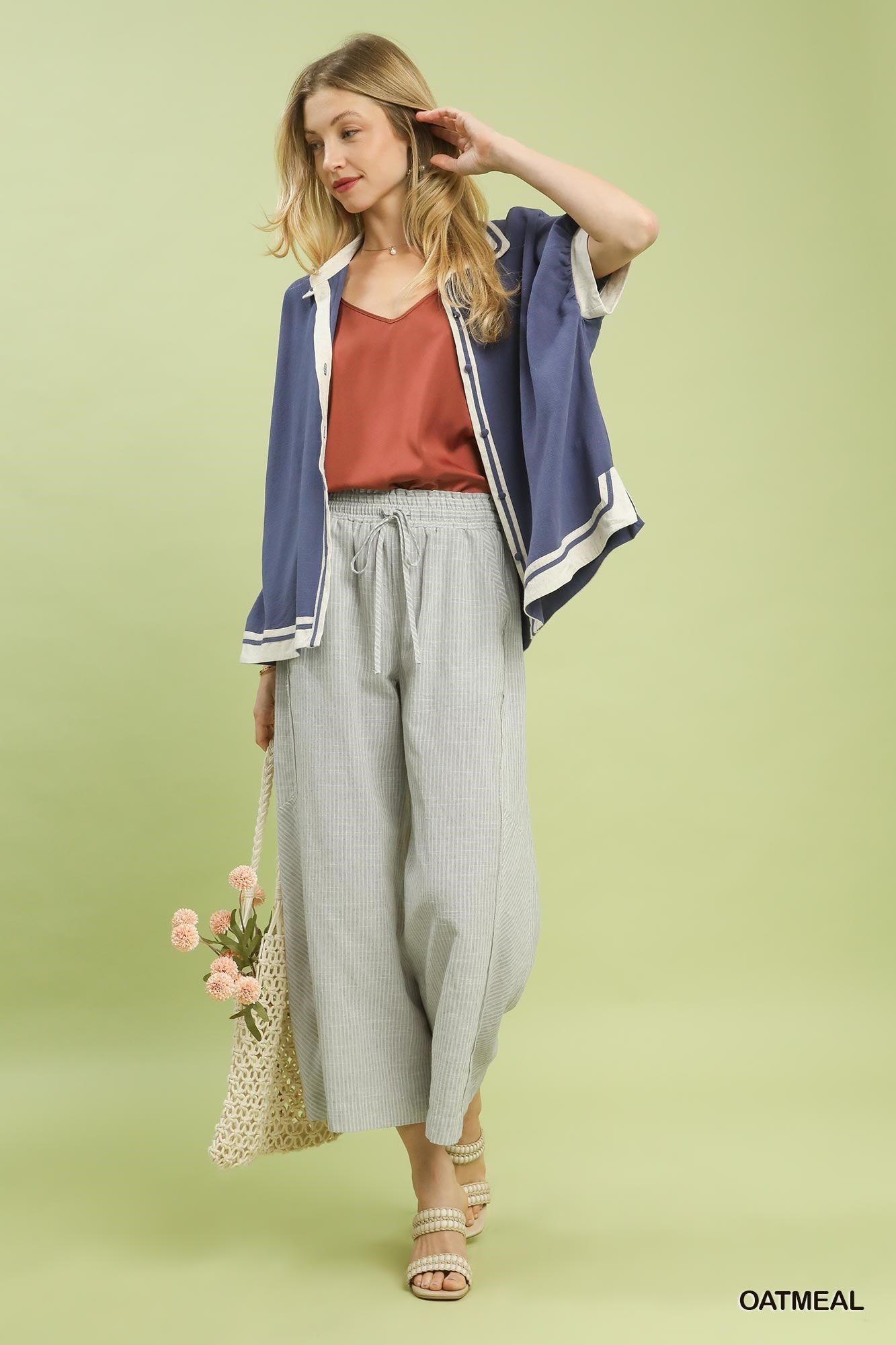 Linen Blend Striped Wide Leg Pants