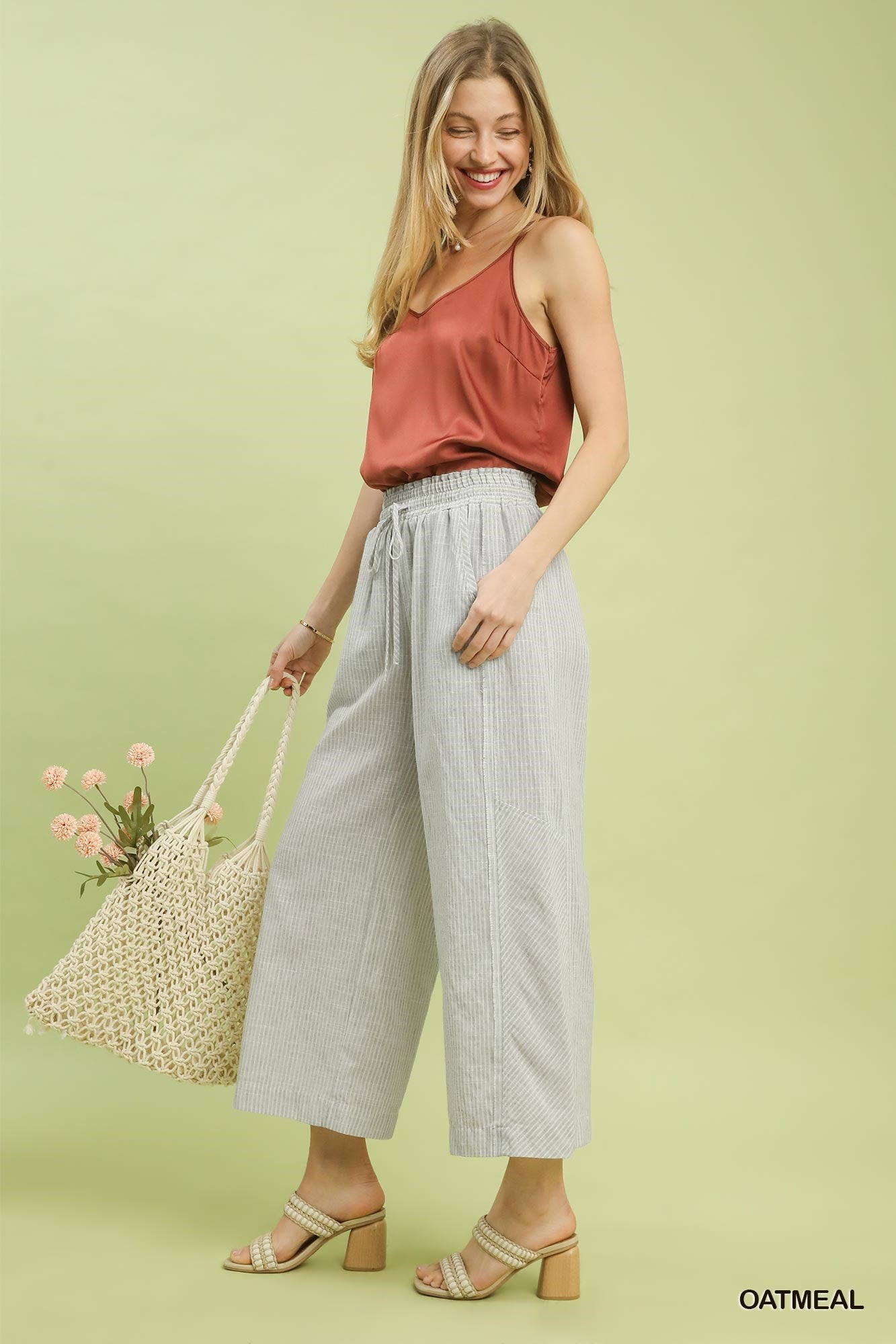 Linen Blend Striped Wide Leg Pants