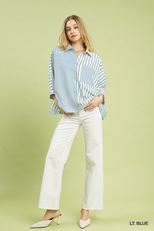 Mixed Stripe Oversized Button Down Top