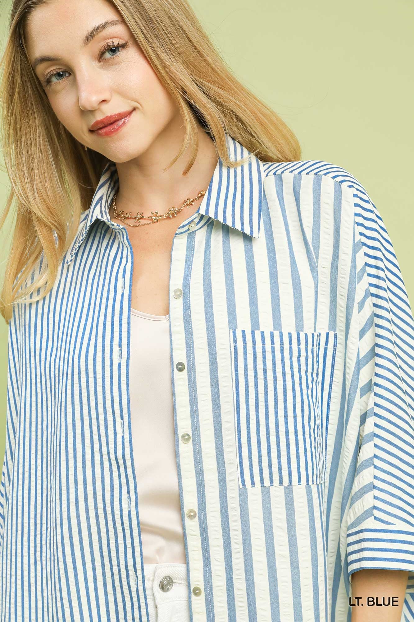 Mixed Stripe Oversized Button Down Top