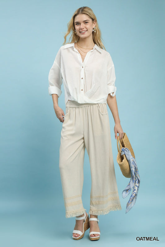 Lace Trim Fringe Hem Wide Leg Pants