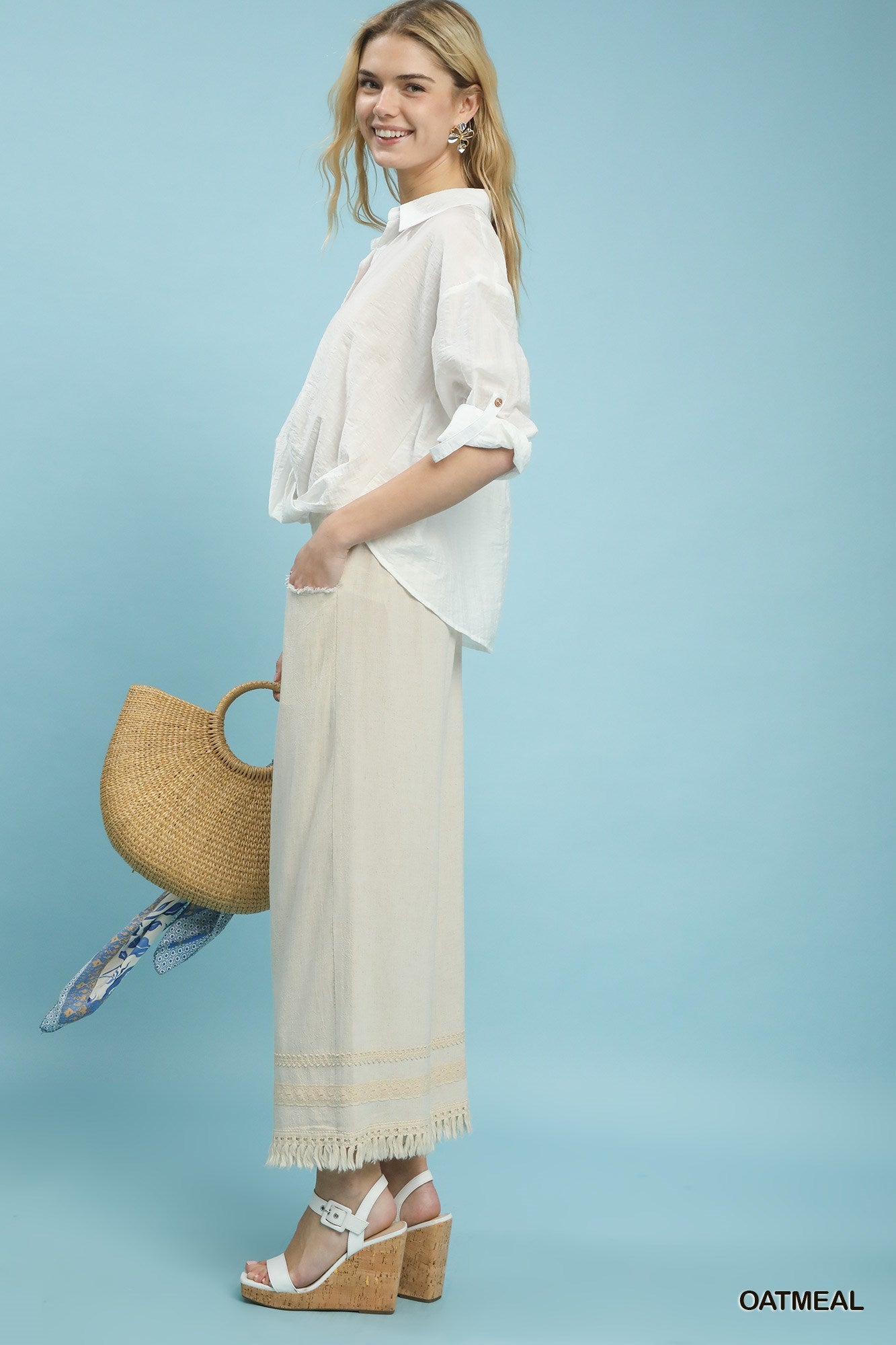 Lace Trim Fringe Hem Wide Leg Pants