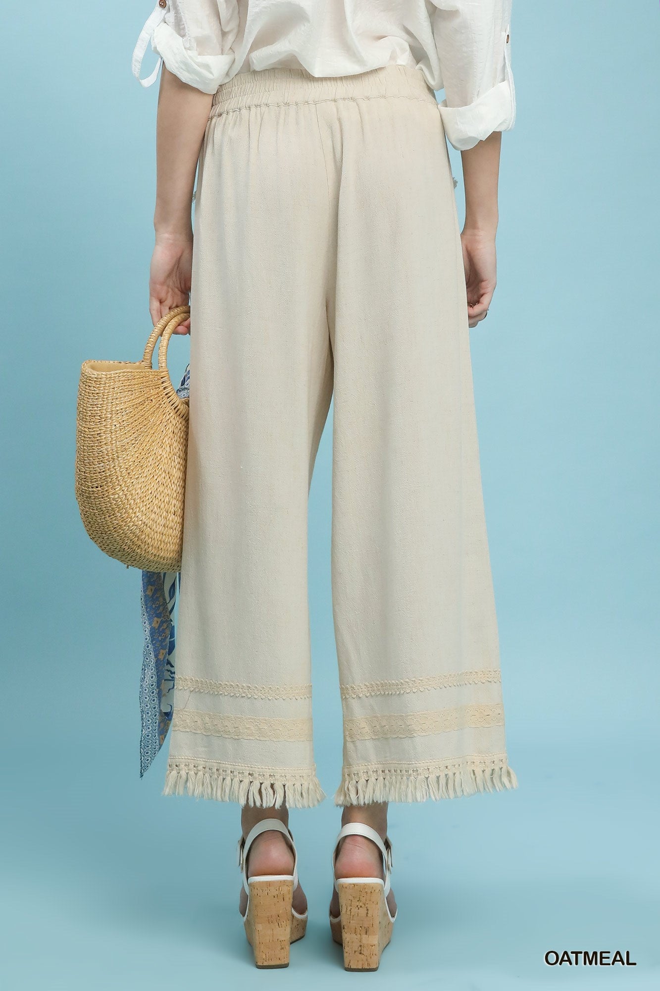 Lace Trim Fringe Hem Wide Leg Pants