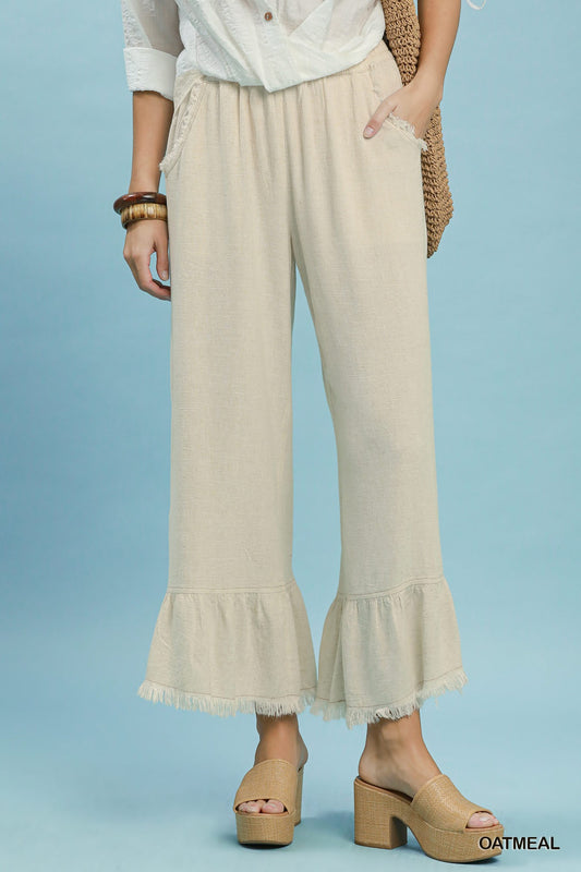 Linen Frayed Hem Ruffle Wide Leg Pants