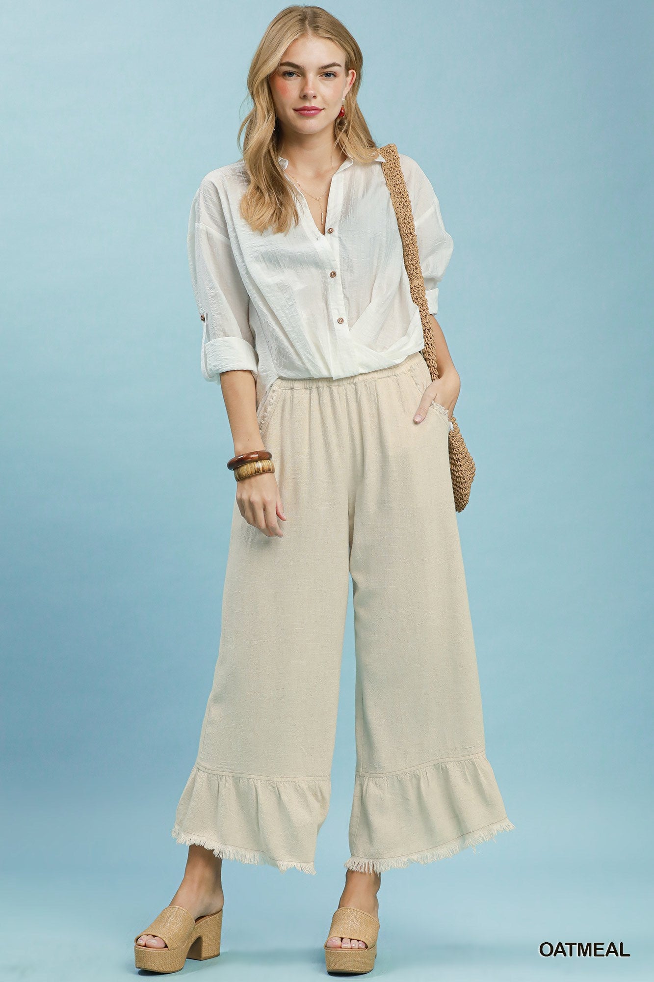Linen Frayed Hem Ruffle Wide Leg Pants