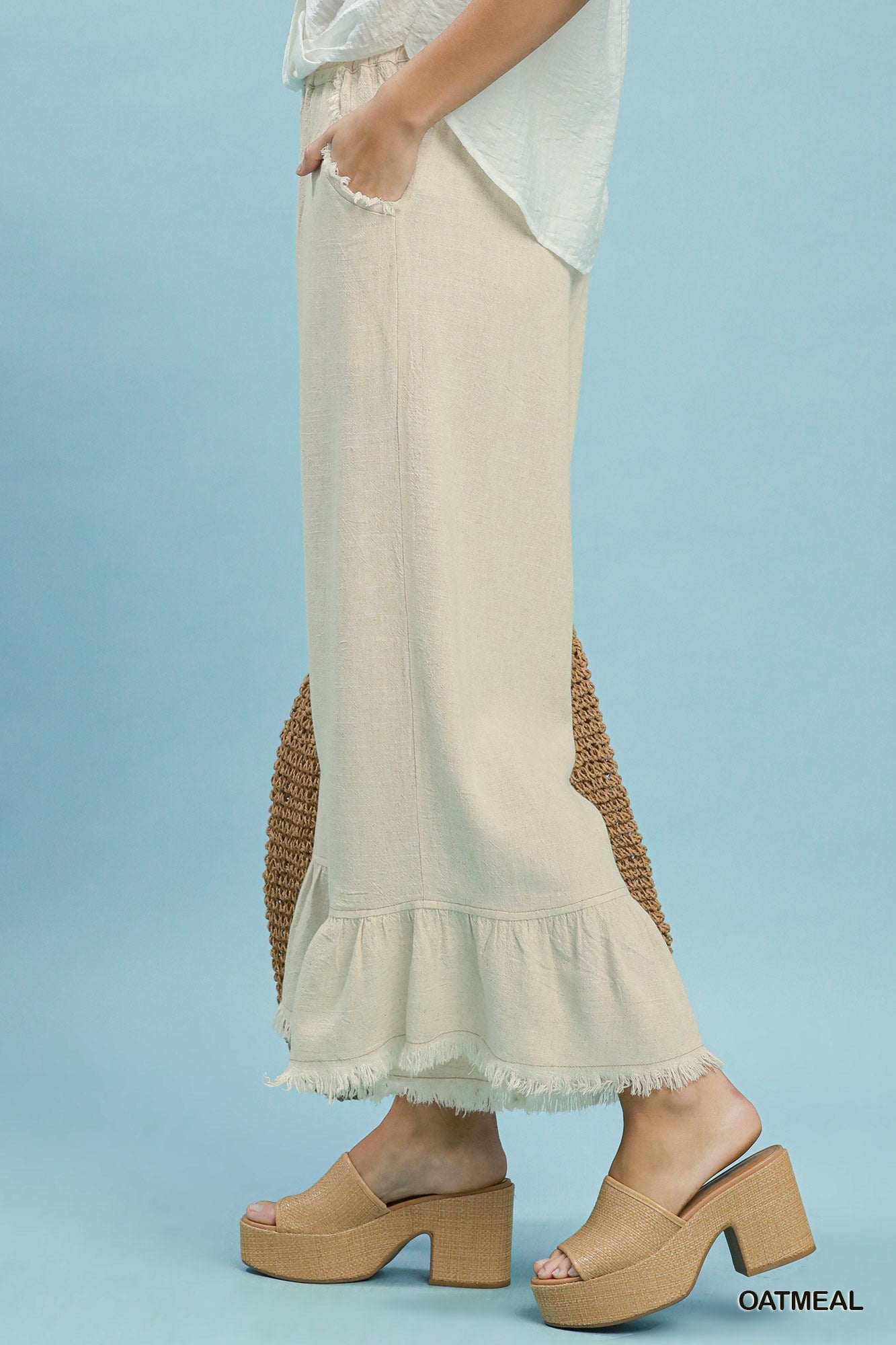 Linen Frayed Hem Ruffle Wide Leg Pants