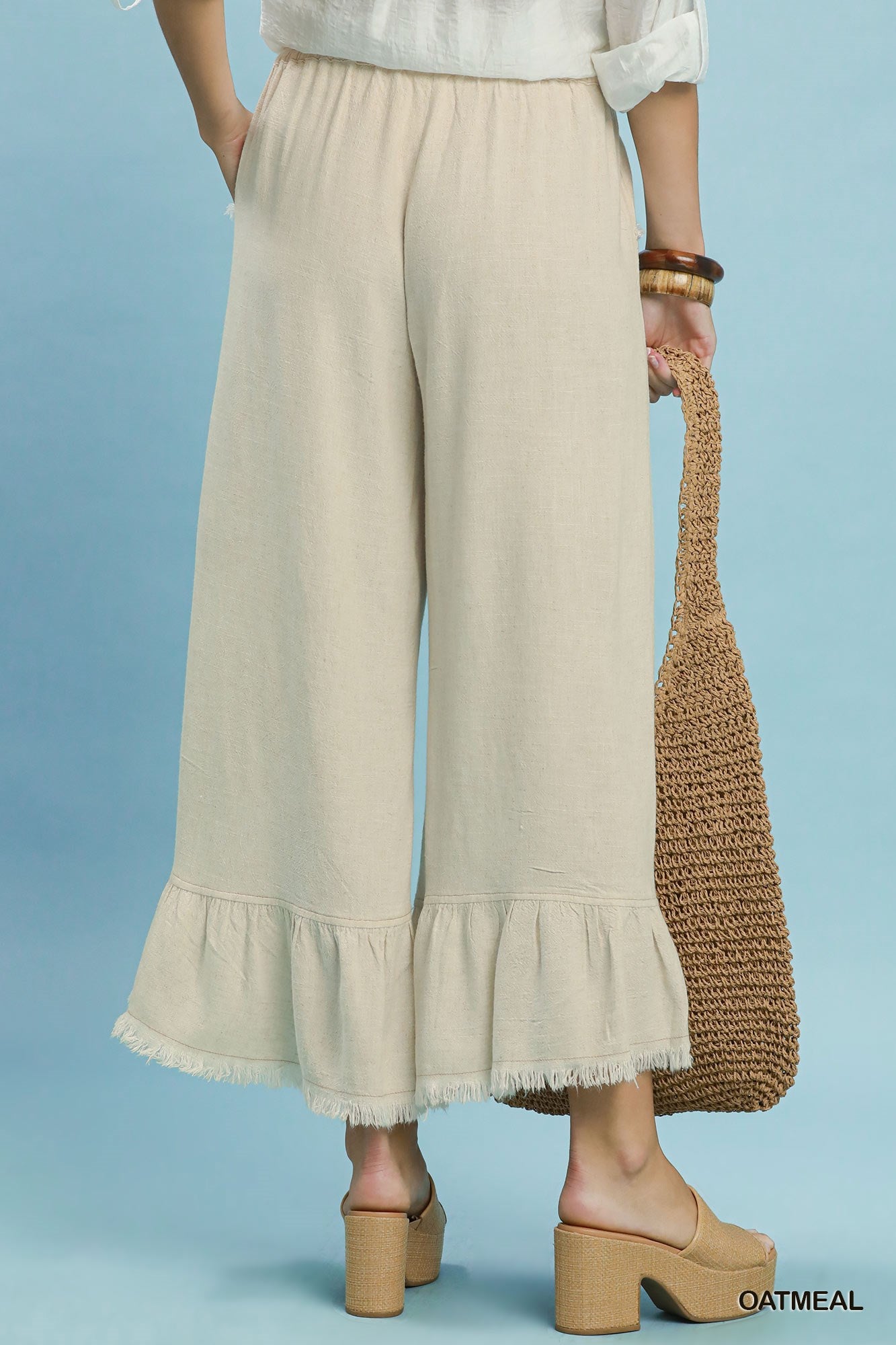 Linen Frayed Hem Ruffle Wide Leg Pants
