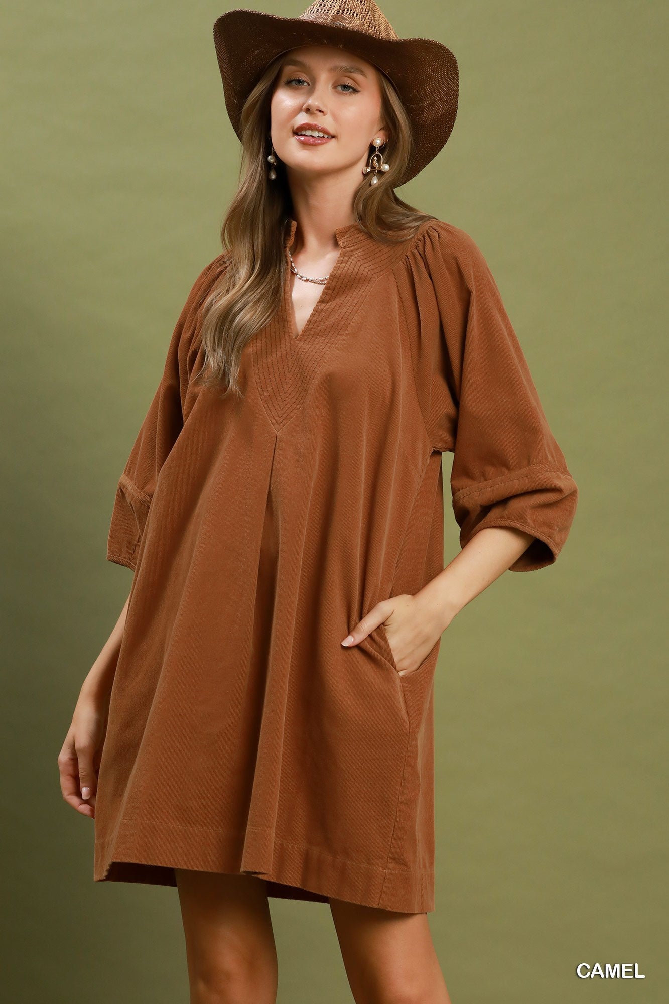 Corduroy V-Neck Puff Sleeve Shift Dress with Pockets