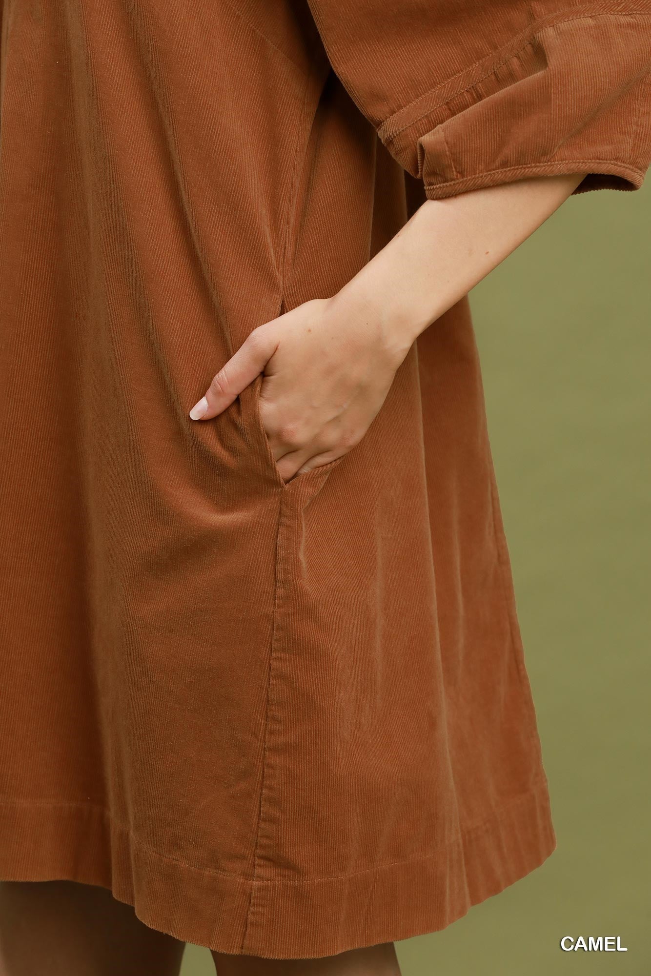 Corduroy V-Neck Puff Sleeve Shift Dress with Pockets