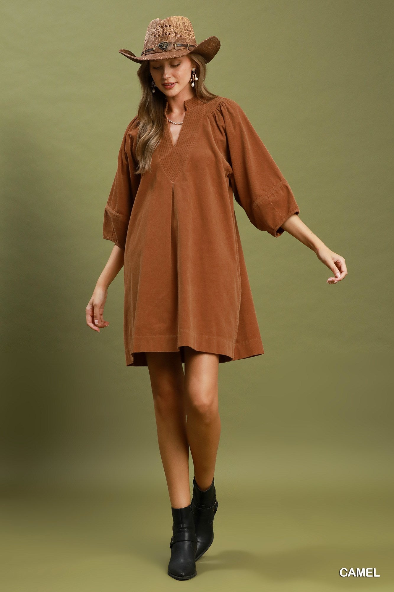Corduroy V-Neck Puff Sleeve Shift Dress with Pockets