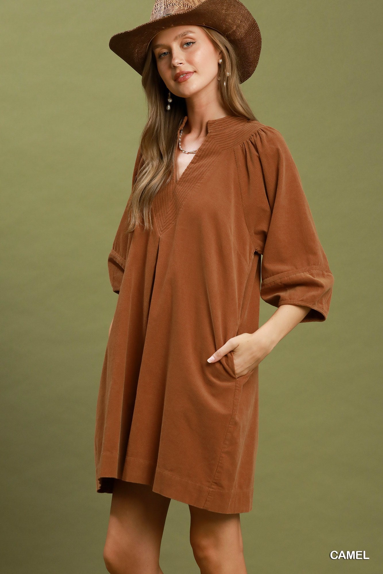 Corduroy V-Neck Puff Sleeve Shift Dress with Pockets