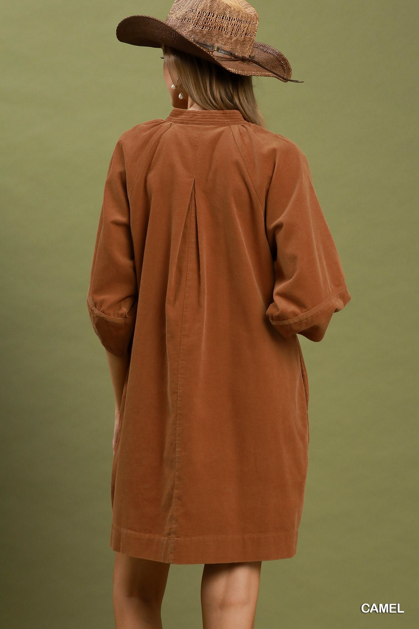 Corduroy V-Neck Puff Sleeve Shift Dress with Pockets
