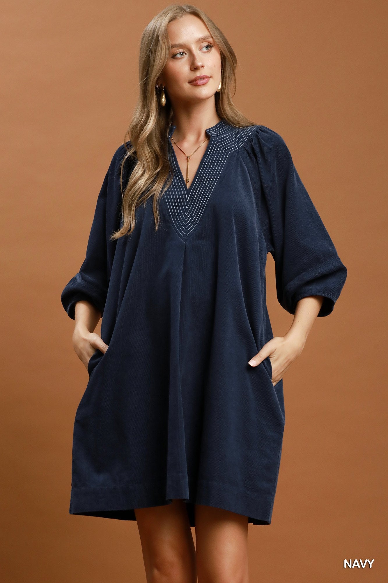 Corduroy V-Neck Puff Sleeve Shift Dress with Pockets