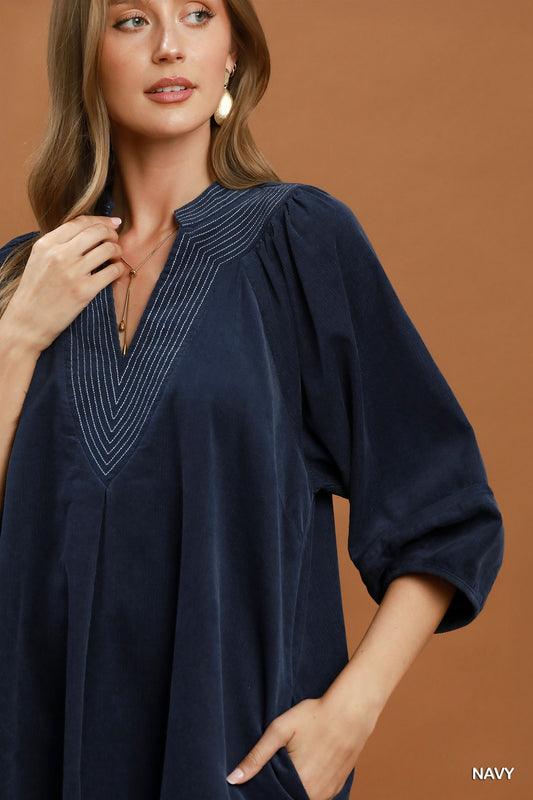 Corduroy V-Neck Puff Sleeve Shift Dress with Pockets
